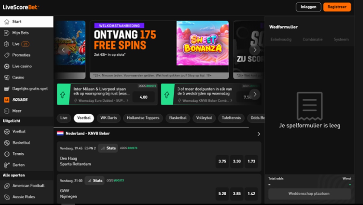 Screenshot of the online casino Netherlands LiveScore Bet